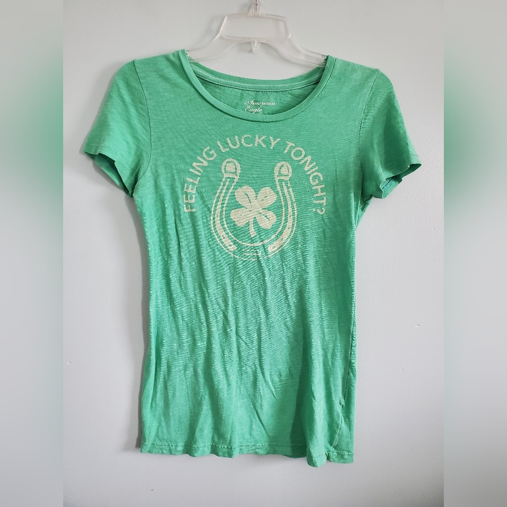American Eagle Outfitters Mint Green Graphic Tee - "Feeling Lucky Tonight?"